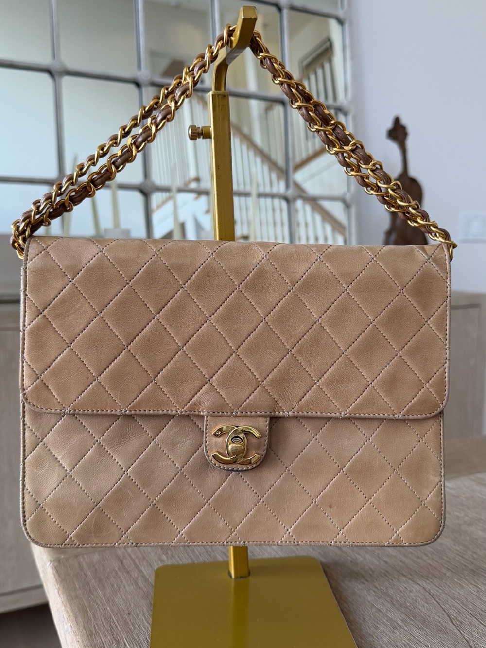 CHANEL Beige Quilted Lambskin Shoulder chain flap Bag with Gold Hardware